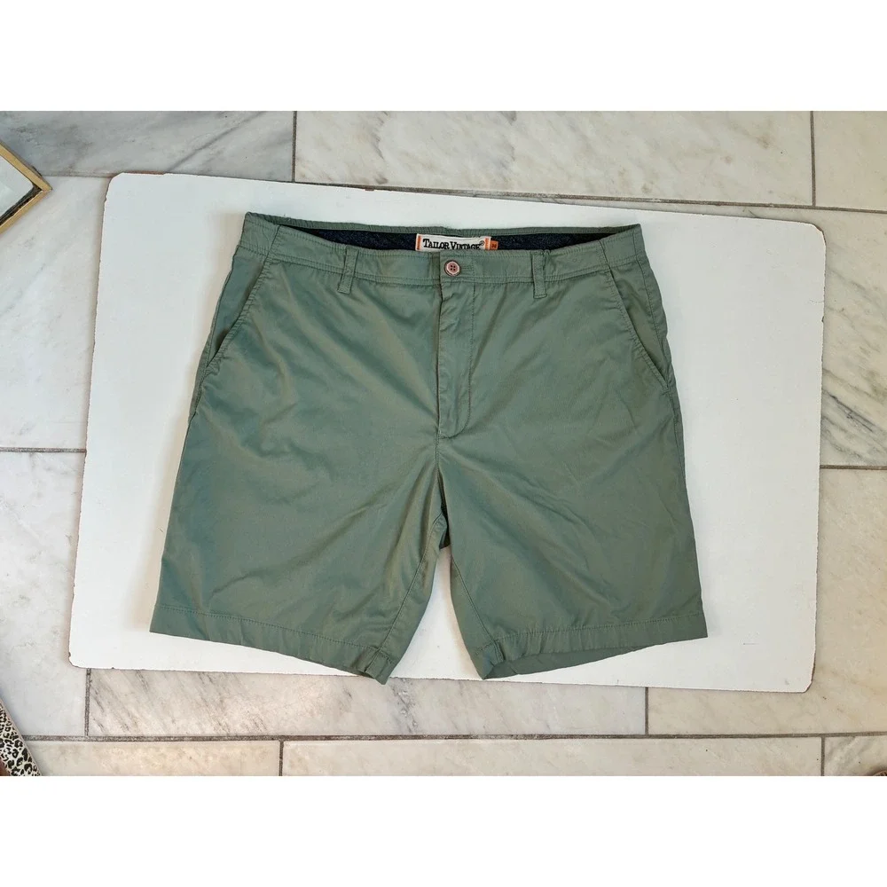 Tailor Vintage Greenwich Slim Fit Shorts Mens 36 Sage Green Comfort Stretch 8in